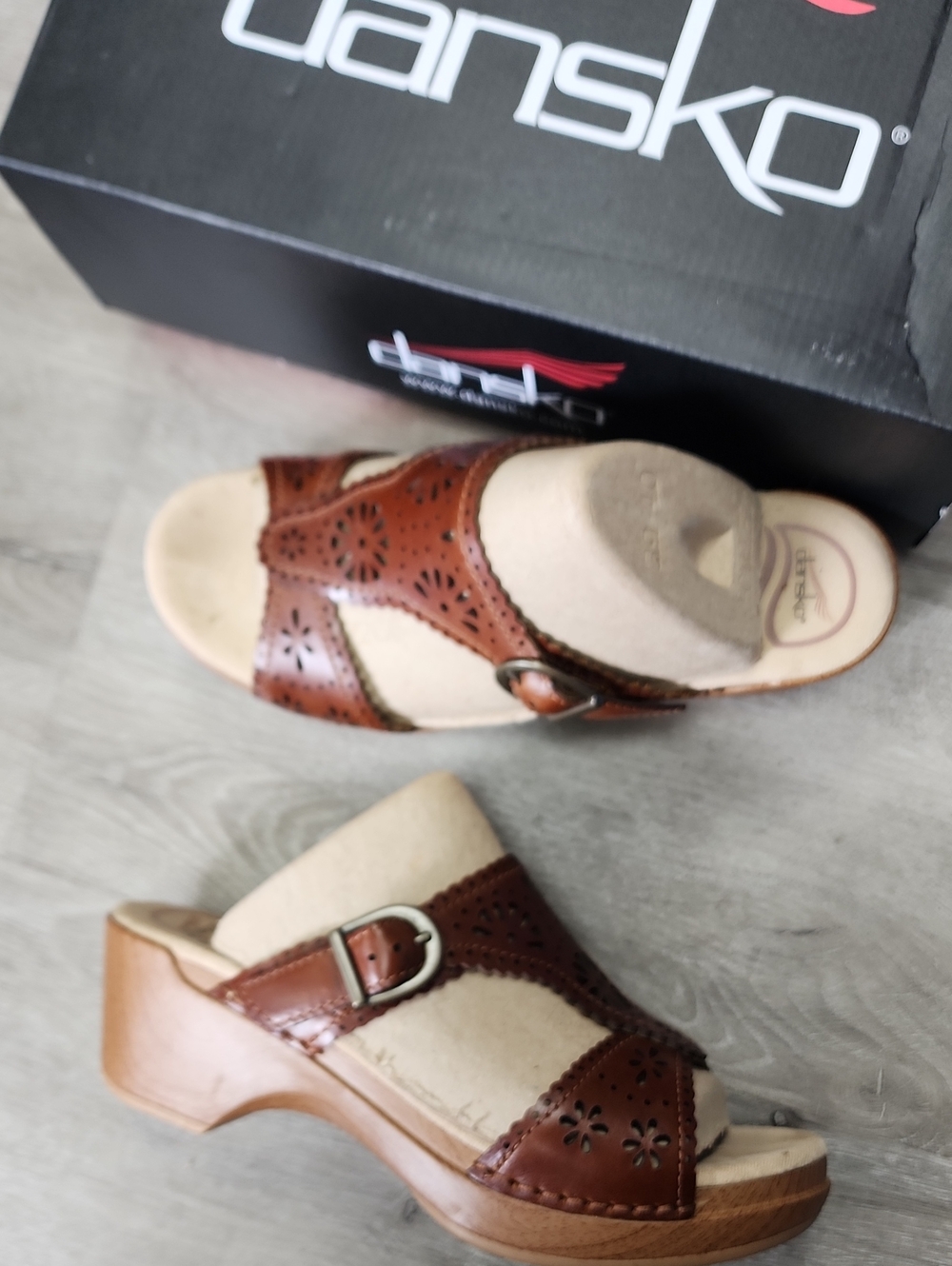 Dansko Brown Leather Perforated Slide Clogs